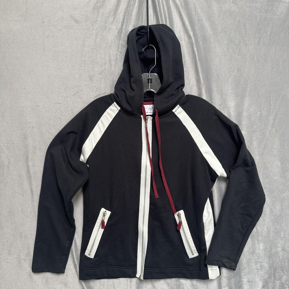 I Active Hoodie Womens Small Black White Full Zip Athletic Contrast Panels Track